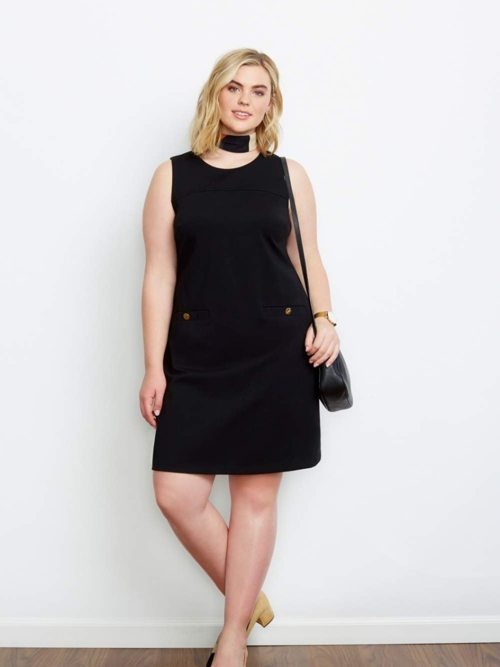 Eloquii Black Sleeveless Shift Dress with Gold-Tone Pocket Buttons